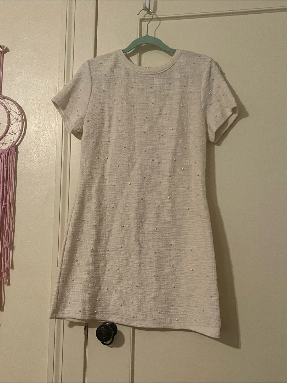 Women’s White Pearl-Accent Short Sleeve Dress